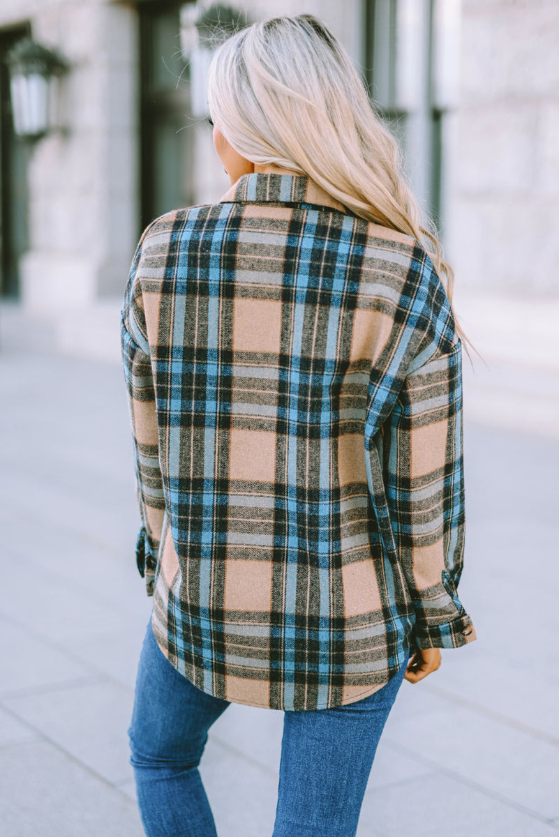 Plaid Curved Hem Dropped Shoulder Longline Shirt Jacket